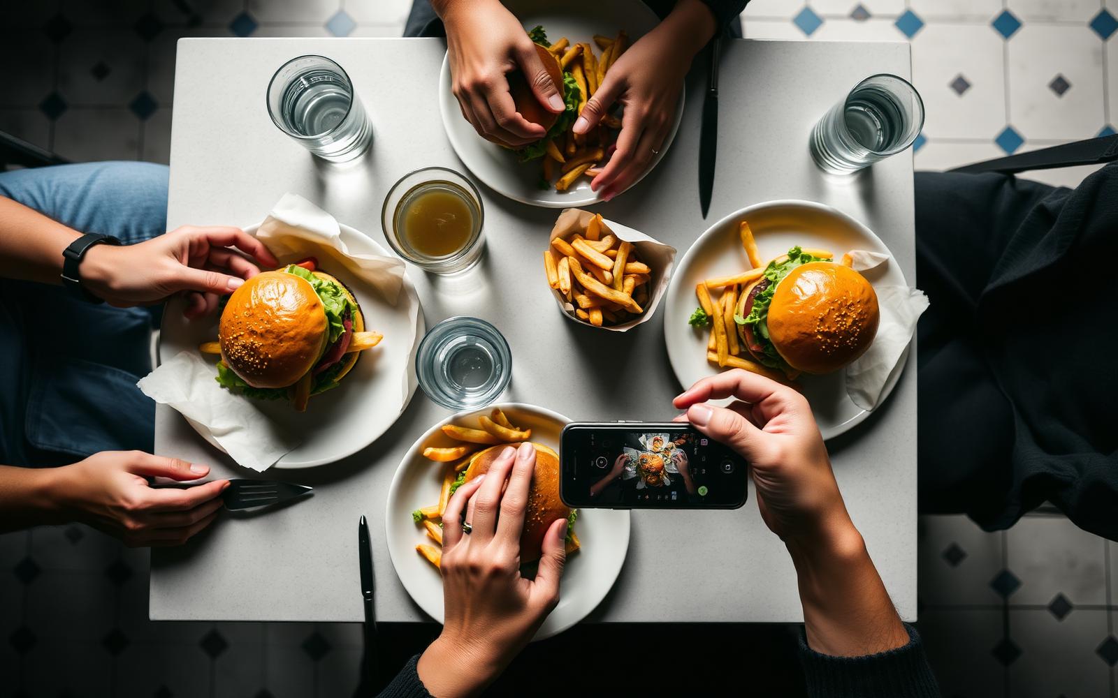Gäste am Tisch im Restaurant mit Smartphone über dem Essen